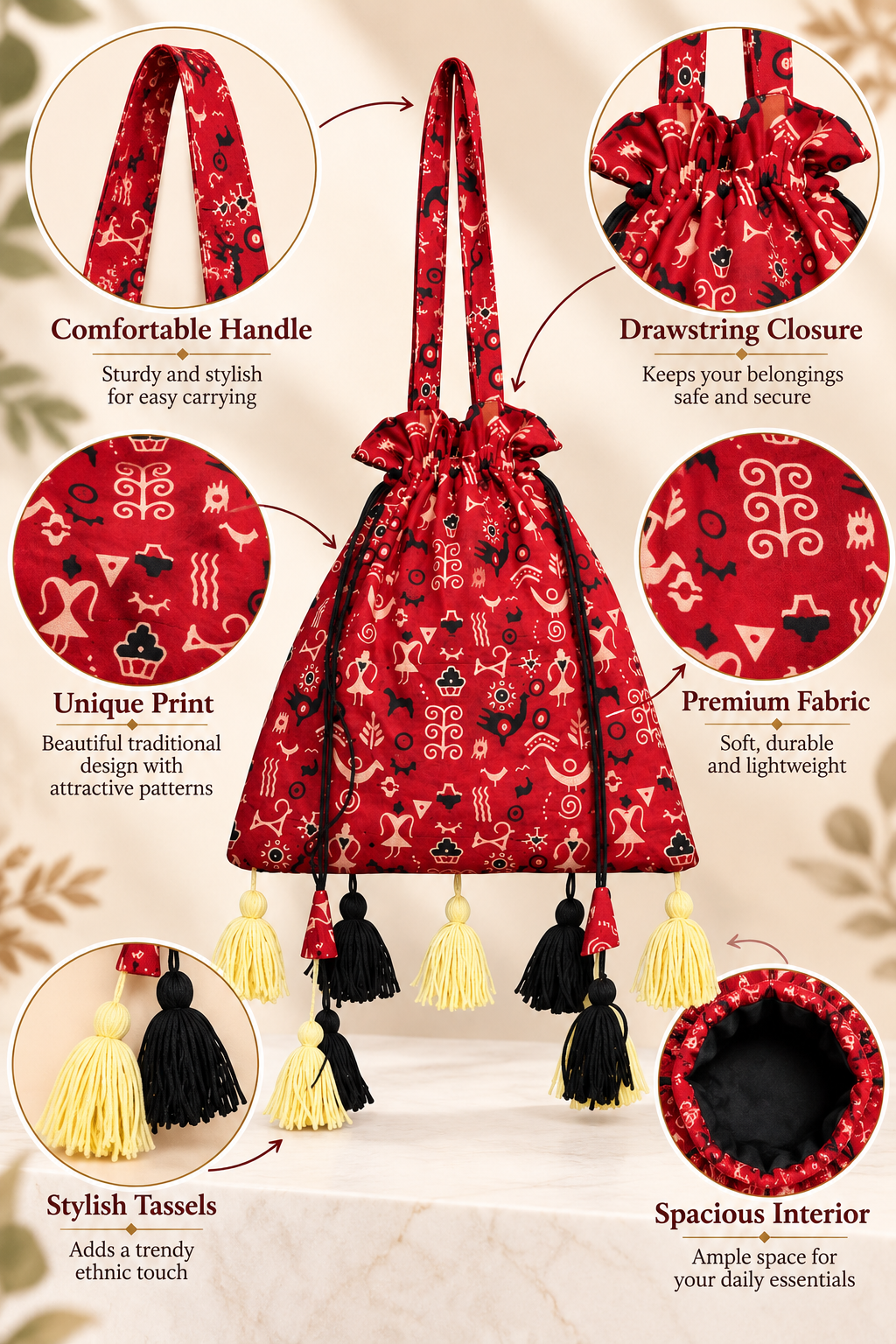 Red Printed Ethnic Potli Bag with Traditional Motifs, Long Handle, Drawstring Closure, Decorative Tassels and Stylish Festive Design for Women