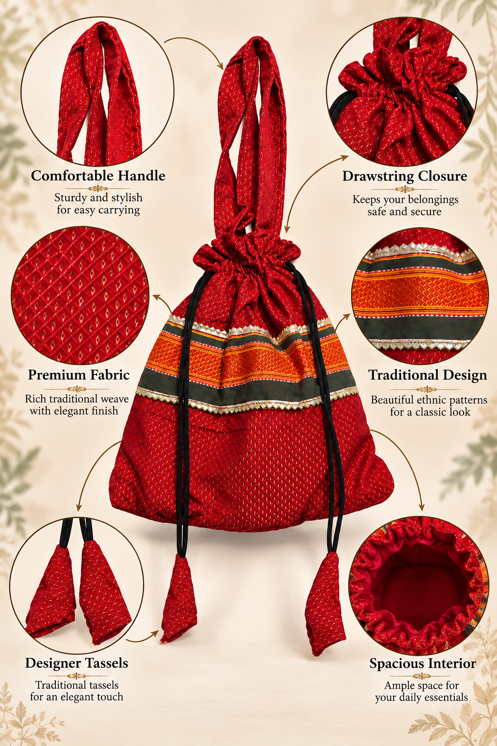 Red Potli Bag with Traditional Woven Pattern, Maroon and Orange Borders, Drawstring Closure, Matching Tassels and Elegant Ethnic Detailing