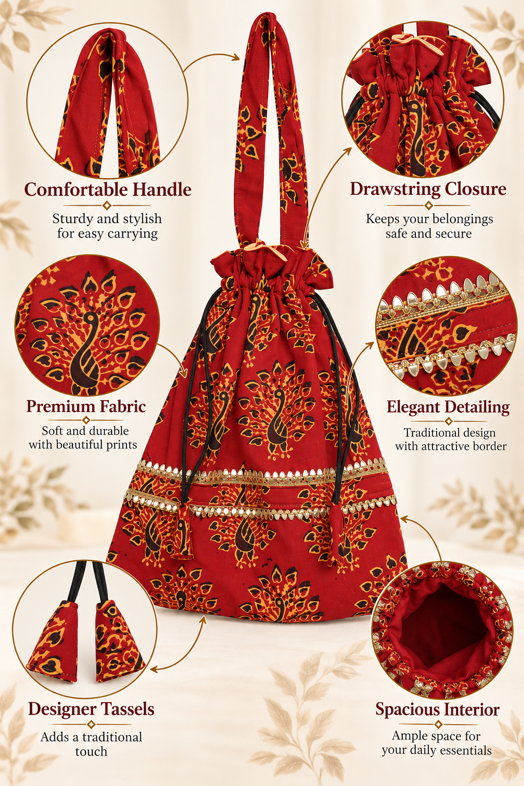 Red Printed Potli Bag with Peacock Design, Golden Decorative Border, Drawstring Closure, Long Handle and Matching Tassels for Women