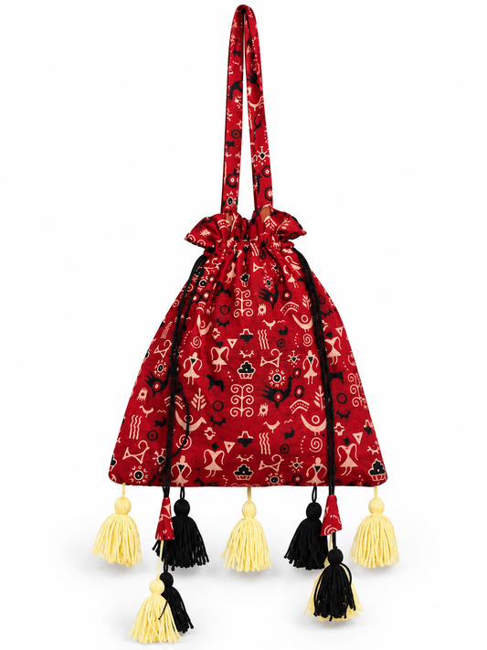 Red Printed Ethnic Potli Bag with Traditional Motifs, Long Handle, Drawstring Closure, Decorative Tassels and Stylish Festive Design for Women