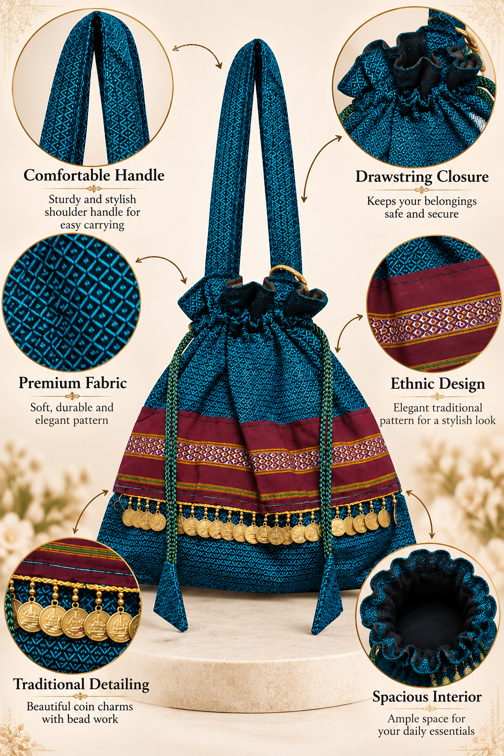Teal Blue Potli Bag with Traditional Geometric Pattern, Maroon Ethnic Band, Golden Coin Charms, Drawstring Closure and Decorative Tassels