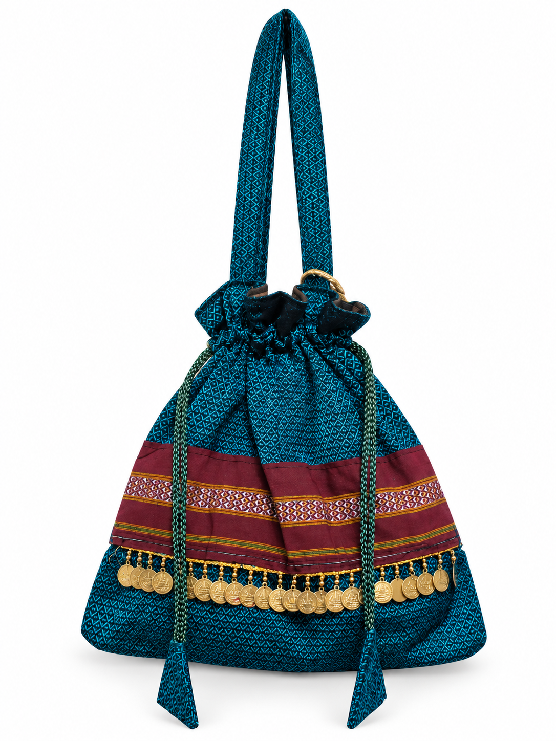 Teal Blue Potli Bag with Traditional Geometric Pattern, Maroon Ethnic Band, Golden Coin Charms, Drawstring Closure and Decorative Tassels
