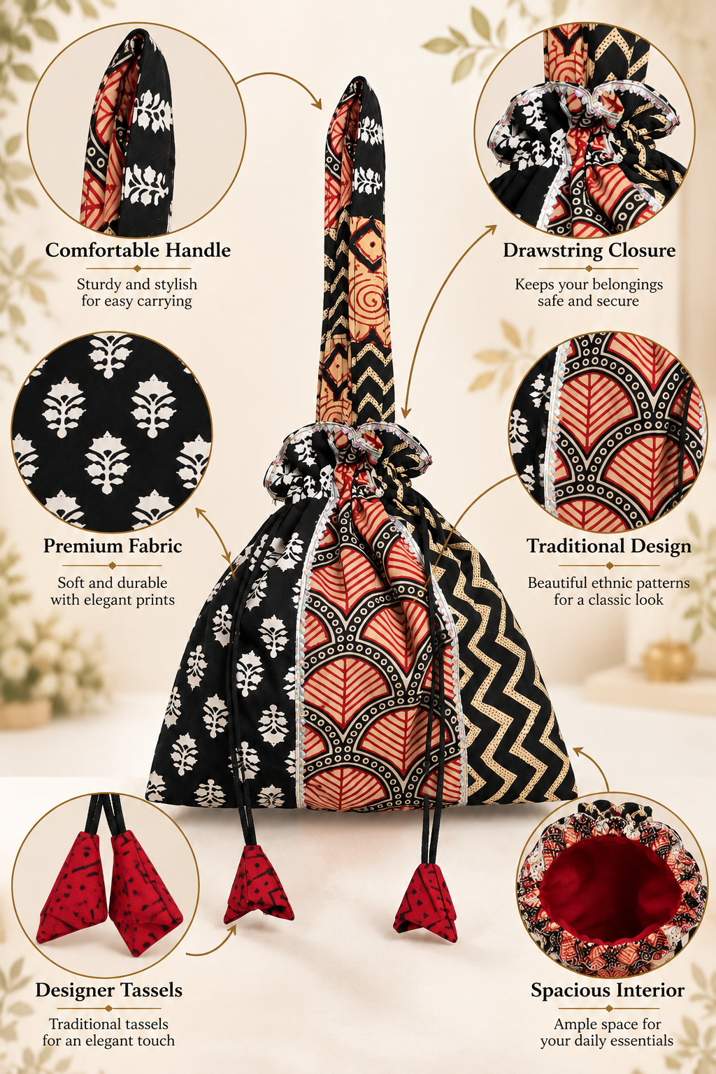 Black Red Potli Bag with Traditional Printed Patterns, Ruffled Drawstring Closure, Long Handle, Decorative Tassels and Stylish Ethnic Detailing