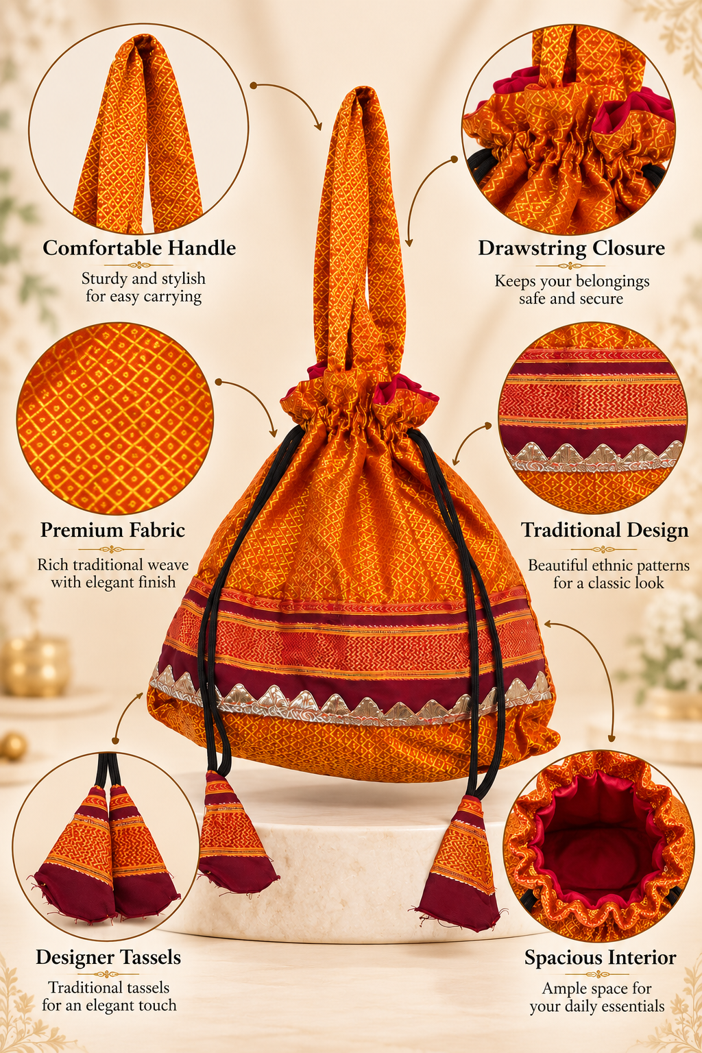 Orange Gold Potli Bag with Traditional Woven Pattern, Maroon Border, Drawstring Closure, Matching Tassels and Elegant Ethnic Detailing for Festivals