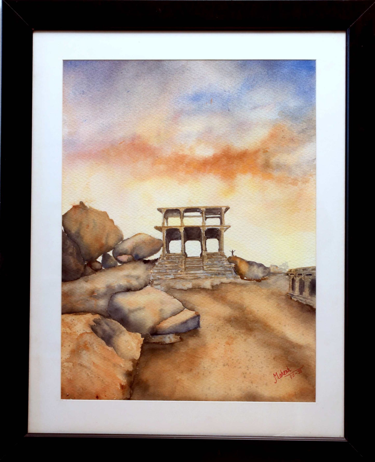 Stone Pavilion at Dusk – Water Painting